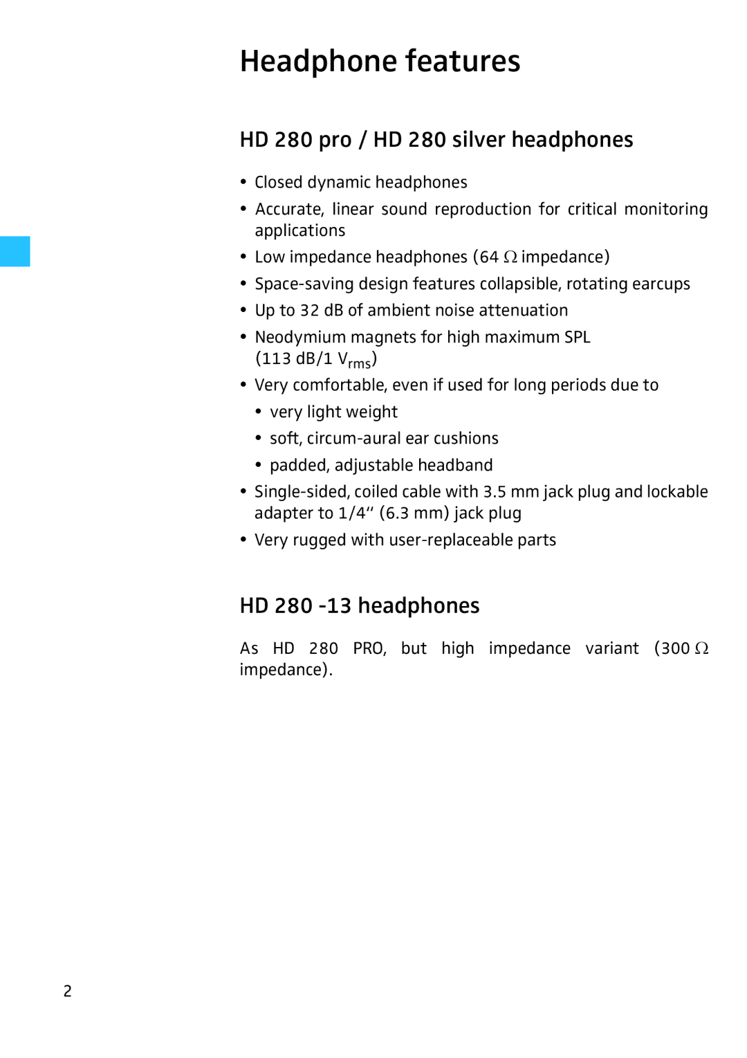 Sennheiser 4974 instruction manual Headphone features, HD 280 pro / HD 280 silver headphones, HD 280 -13 headphones 