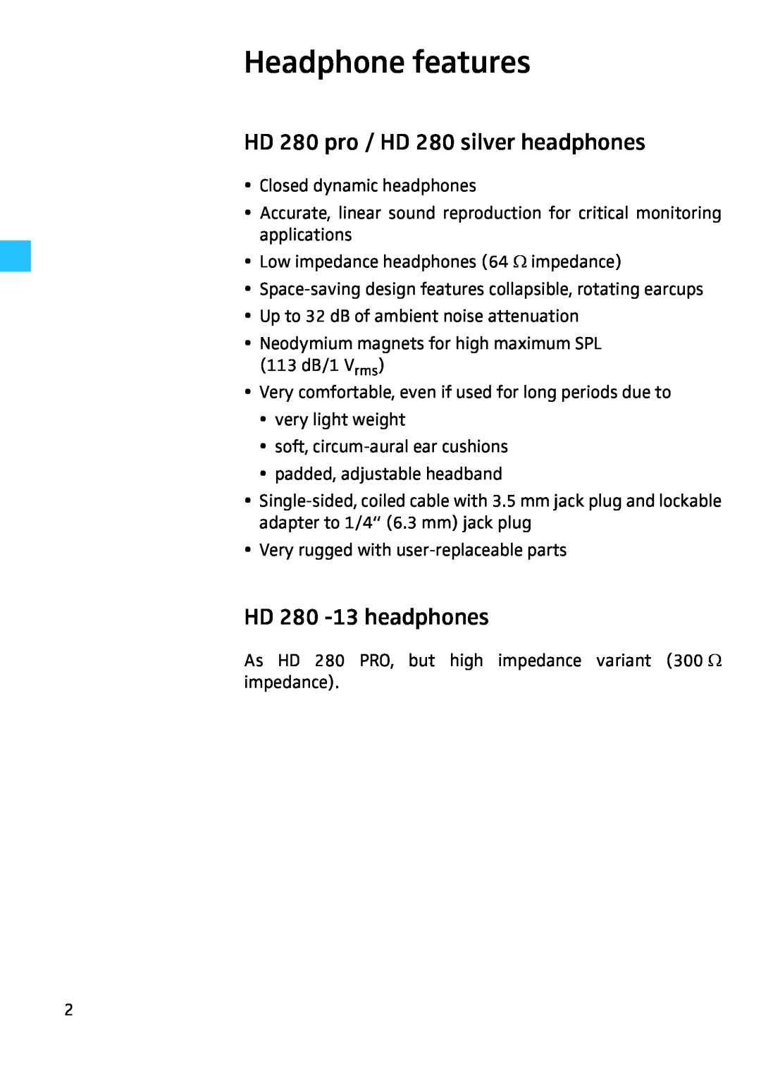 Sennheiser 4974 instruction manual Headphone features, HD 280 pro / HD 280 silver headphones, HD 280 -13headphones 