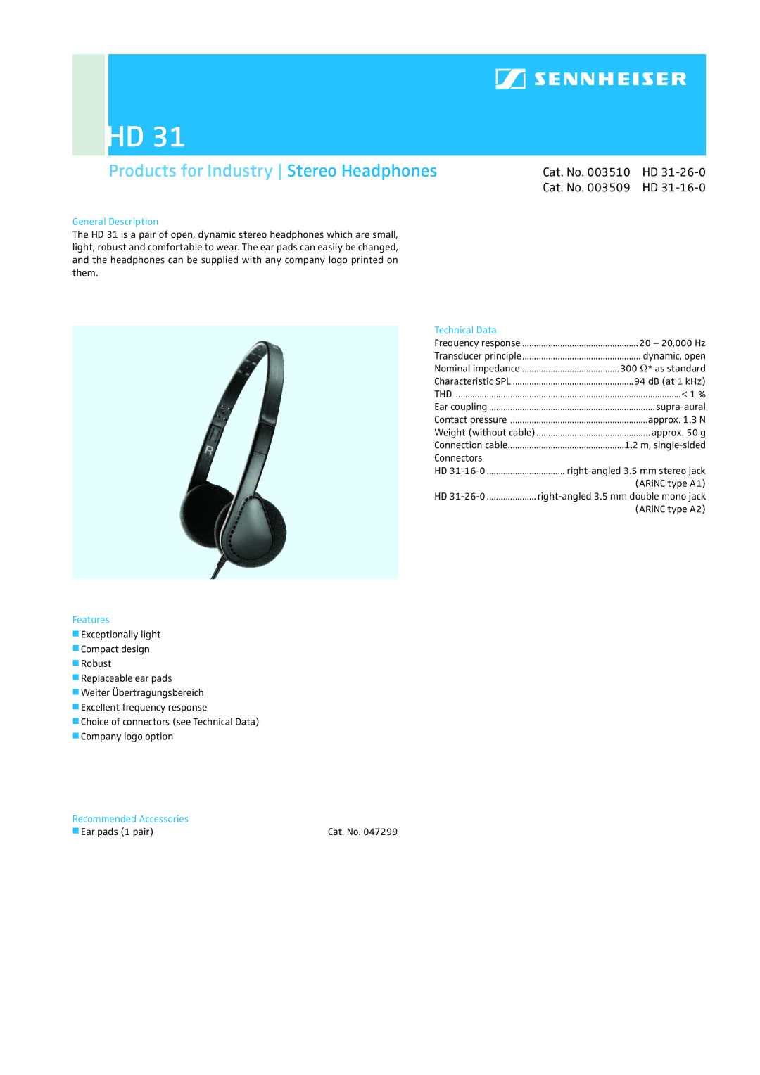 Sennheiser HD 31 manual Products for Industry Stereo Headphones, Cat. No 