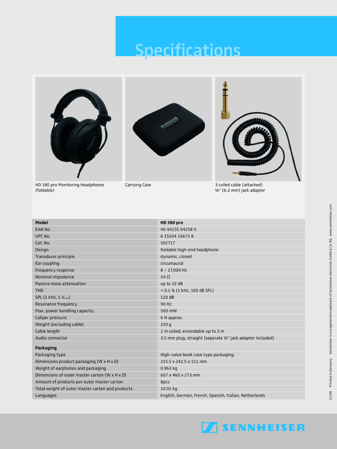 Sennheiser HD 380 Pro manual Specifications, Model HD 380 pro, Thd, Packaging 