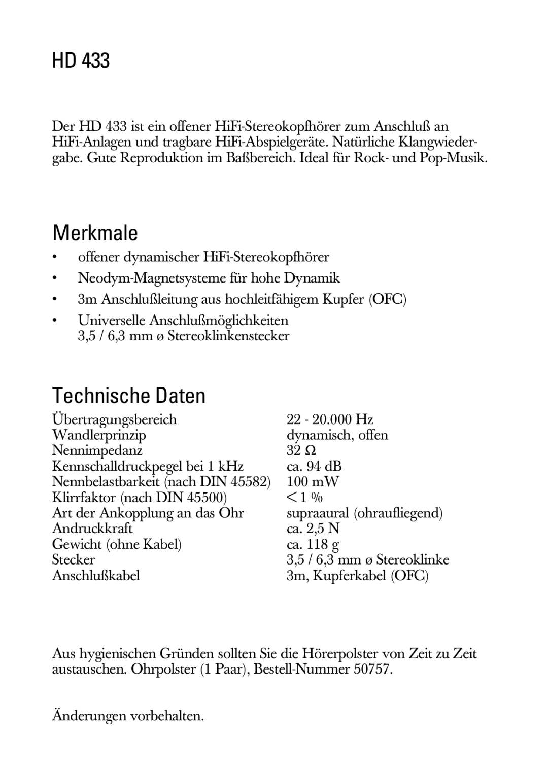 Sennheiser HD 433 manual Merkmale, Technische Daten 