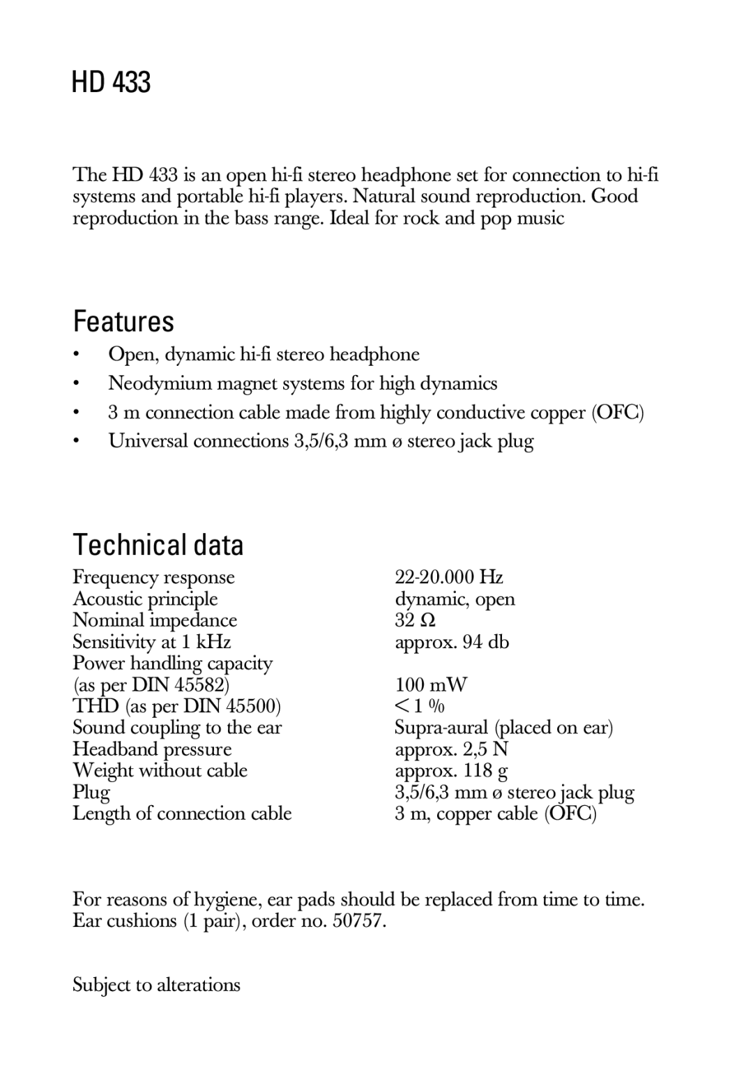 Sennheiser HD 433 manual Features, Technical data 