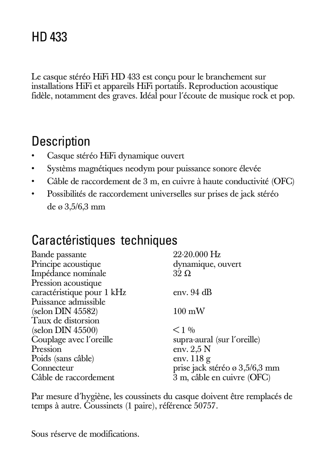 Sennheiser HD 433 manual Description, Caractéristiques techniques 