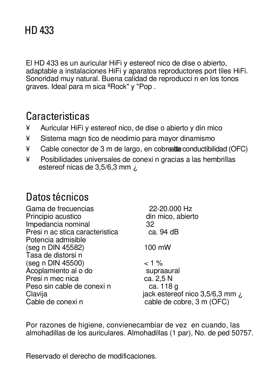 Sennheiser HD 433 manual Caracteristicas, Datos técnicos 