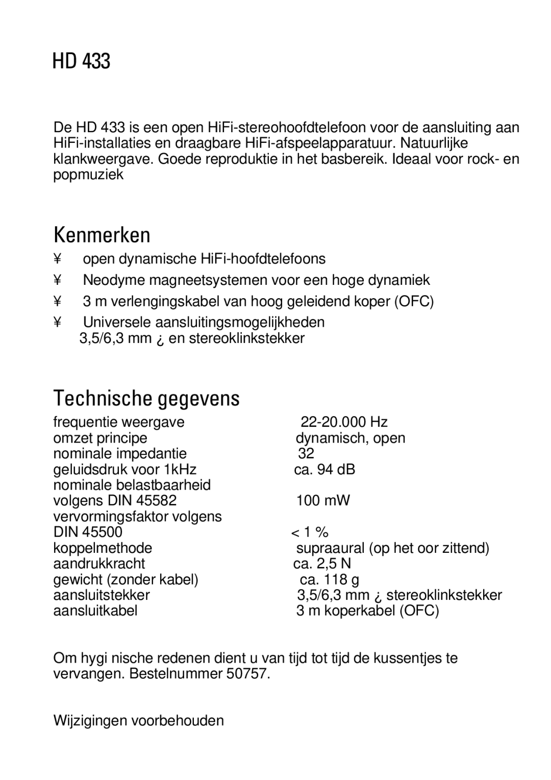 Sennheiser HD 433 manual Kenmerken, Technische gegevens 