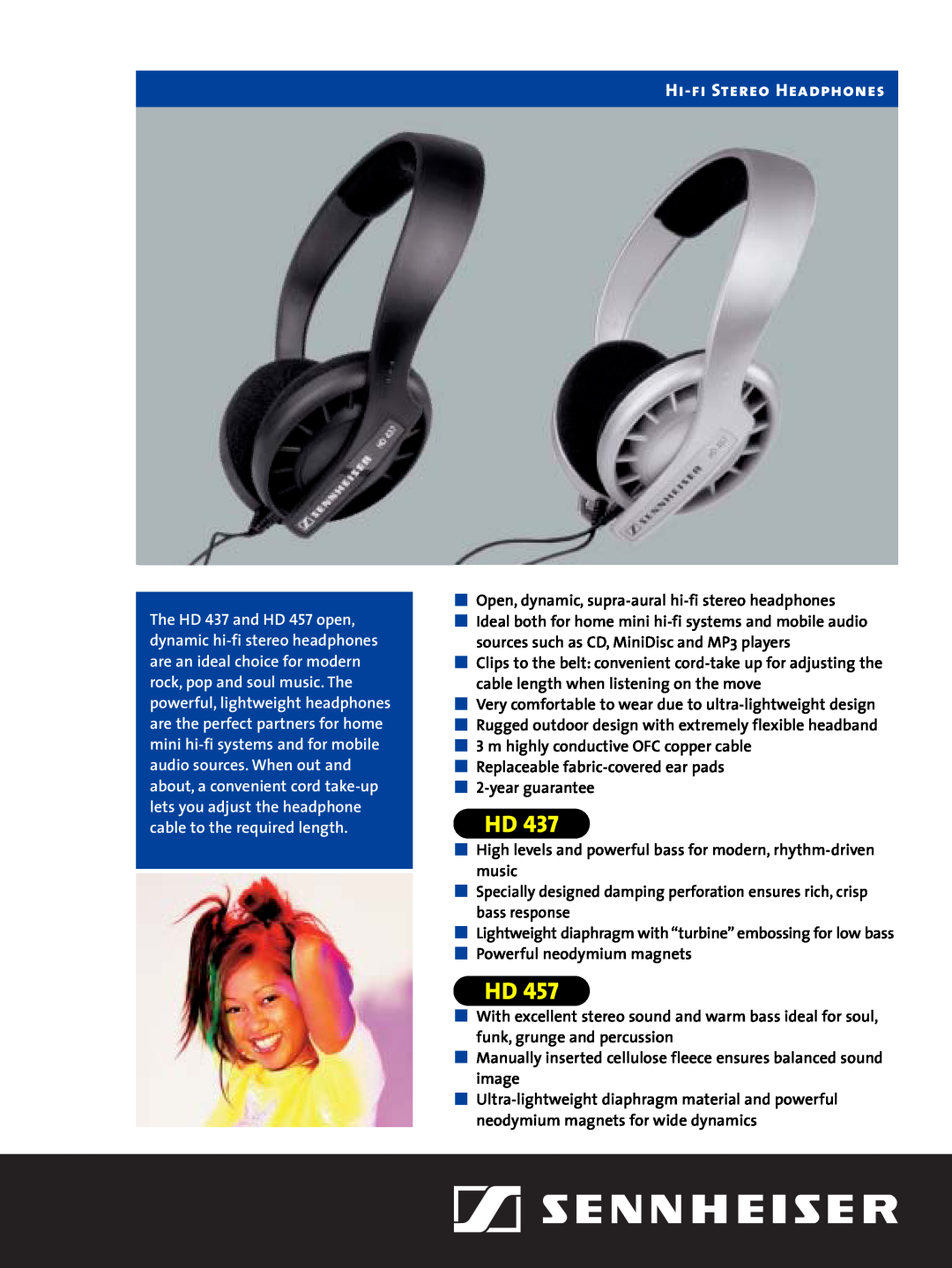 Sennheiser HD 457, HD 437 manual Hi-fiStereo Headphones 