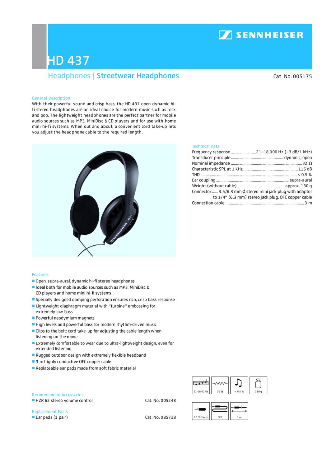 Sennheiser HD 437 manual Headphones Streetwear Headphones, Cat. No 