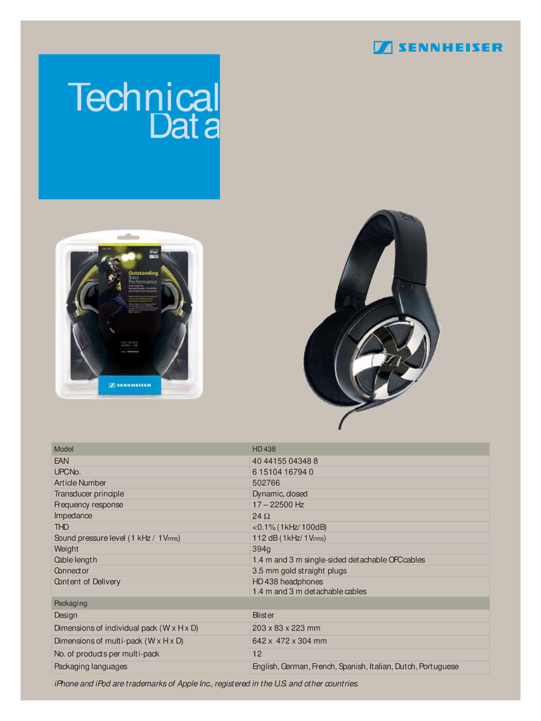 Sennheiser HD 438 manual Technical, Data, Ean, Thd 