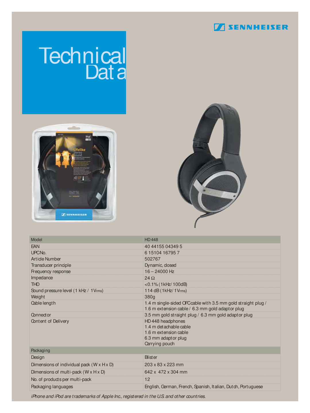 Sennheiser HD 448 manual Technical, Data 