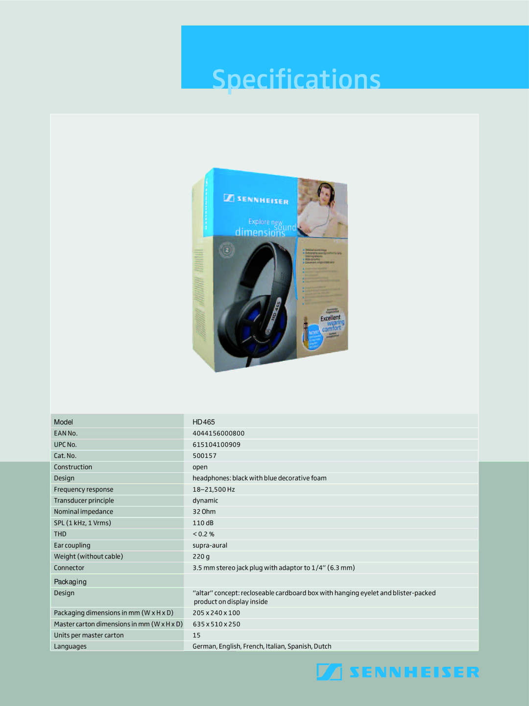 Sennheiser HD 465 dimensions Model HD465, Packaging 