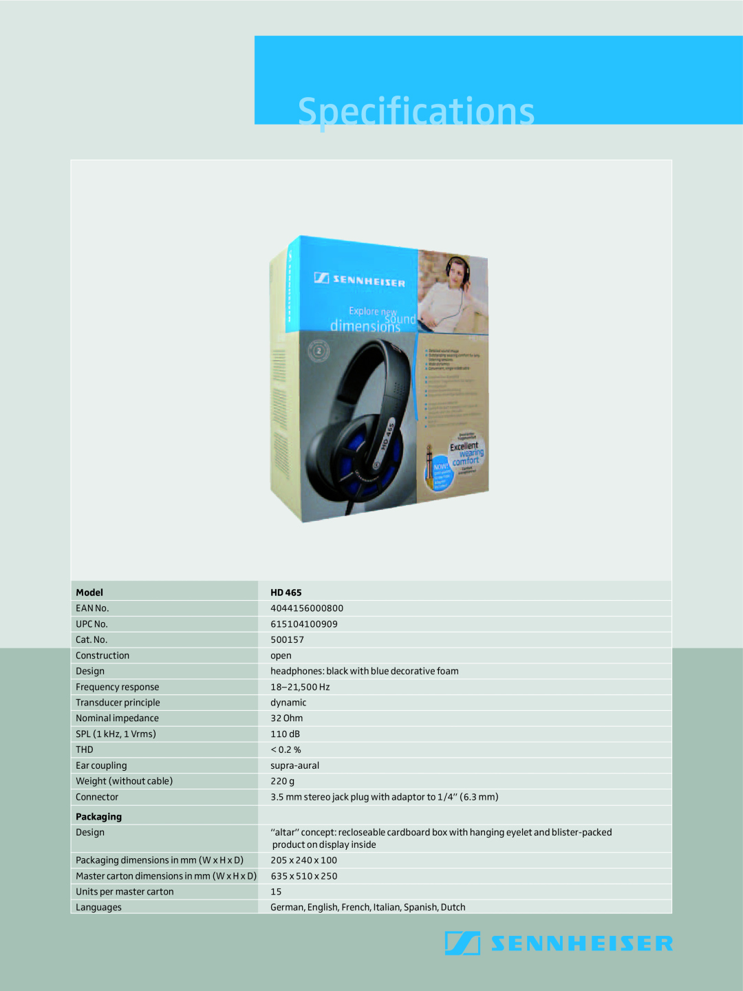 Sennheiser HD 465 dimensions Specifications, Model, HD465, Packaging 