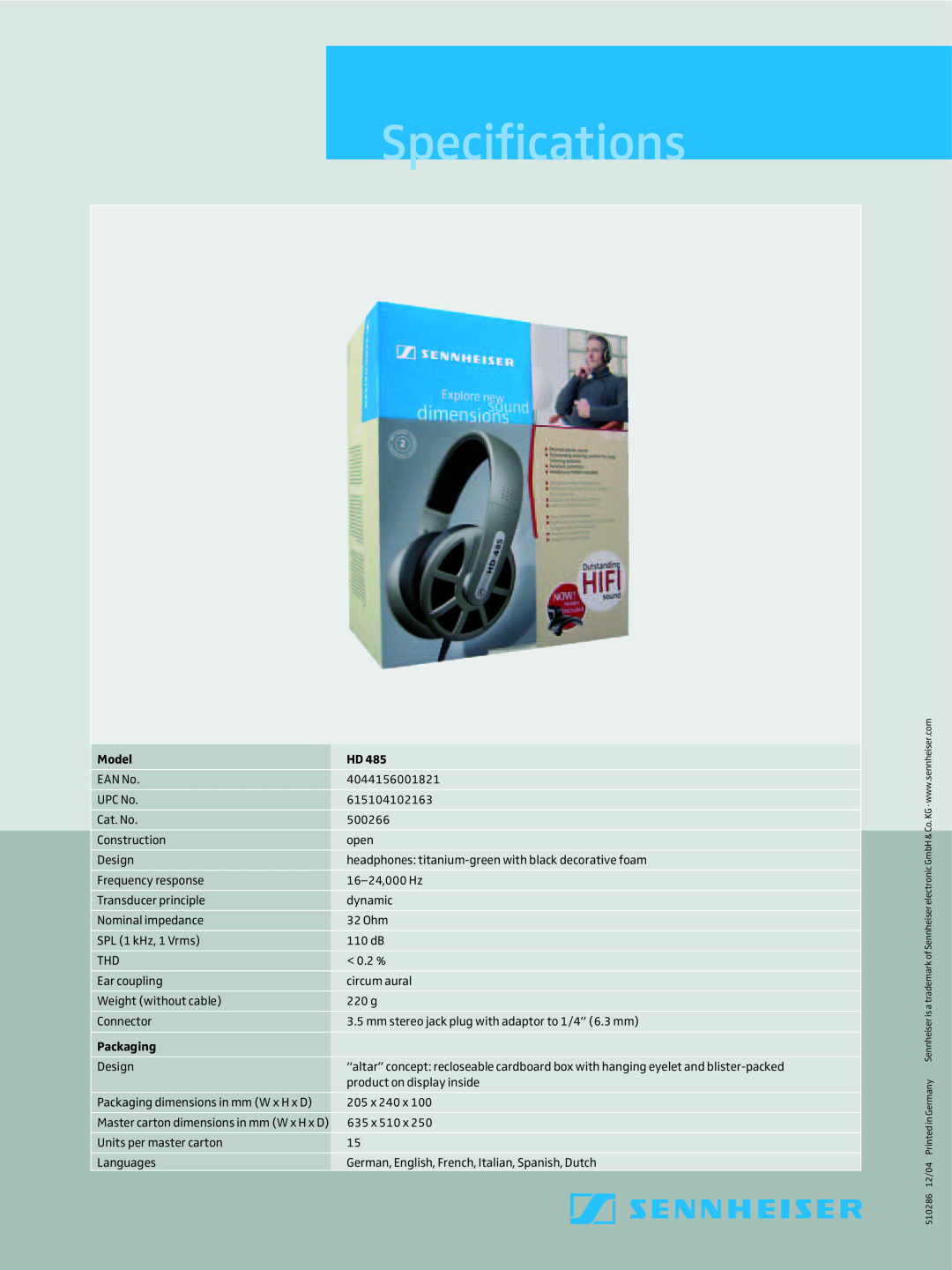Sennheiser HD 465 dimensions Specifications, Model, HD485, Packaging 