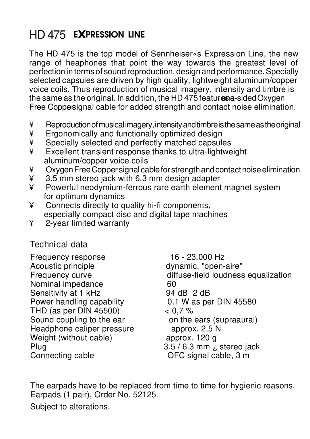 Sennheiser HD 475 manual Technical data 