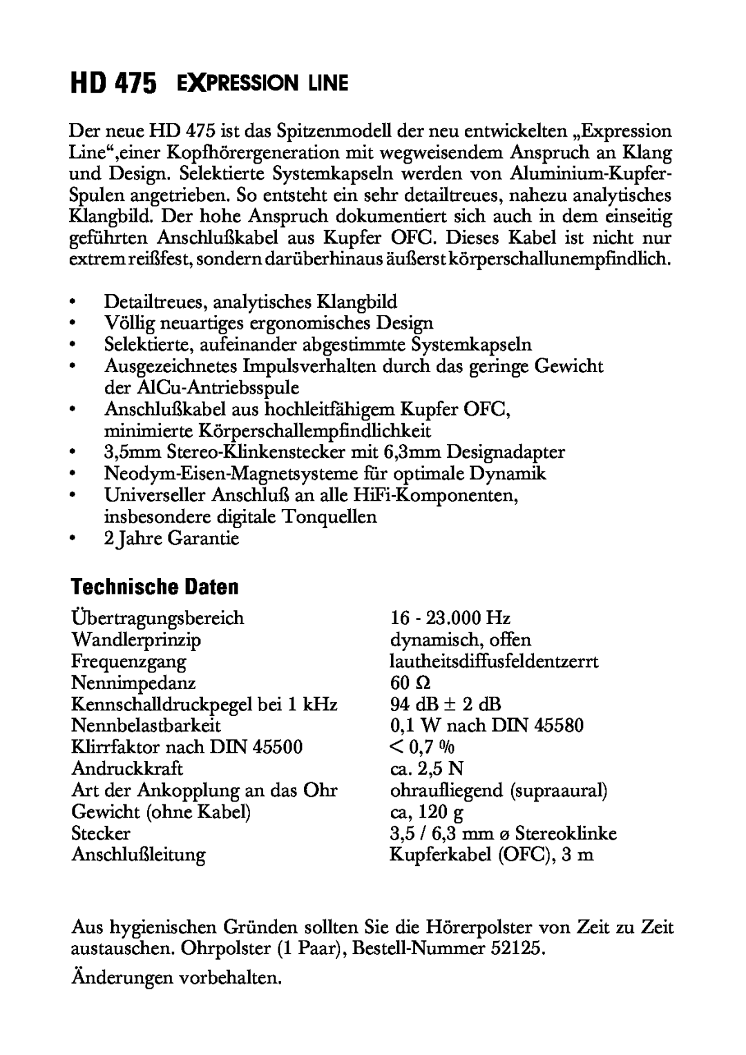 Sennheiser HD 475 manual Technische Daten 
