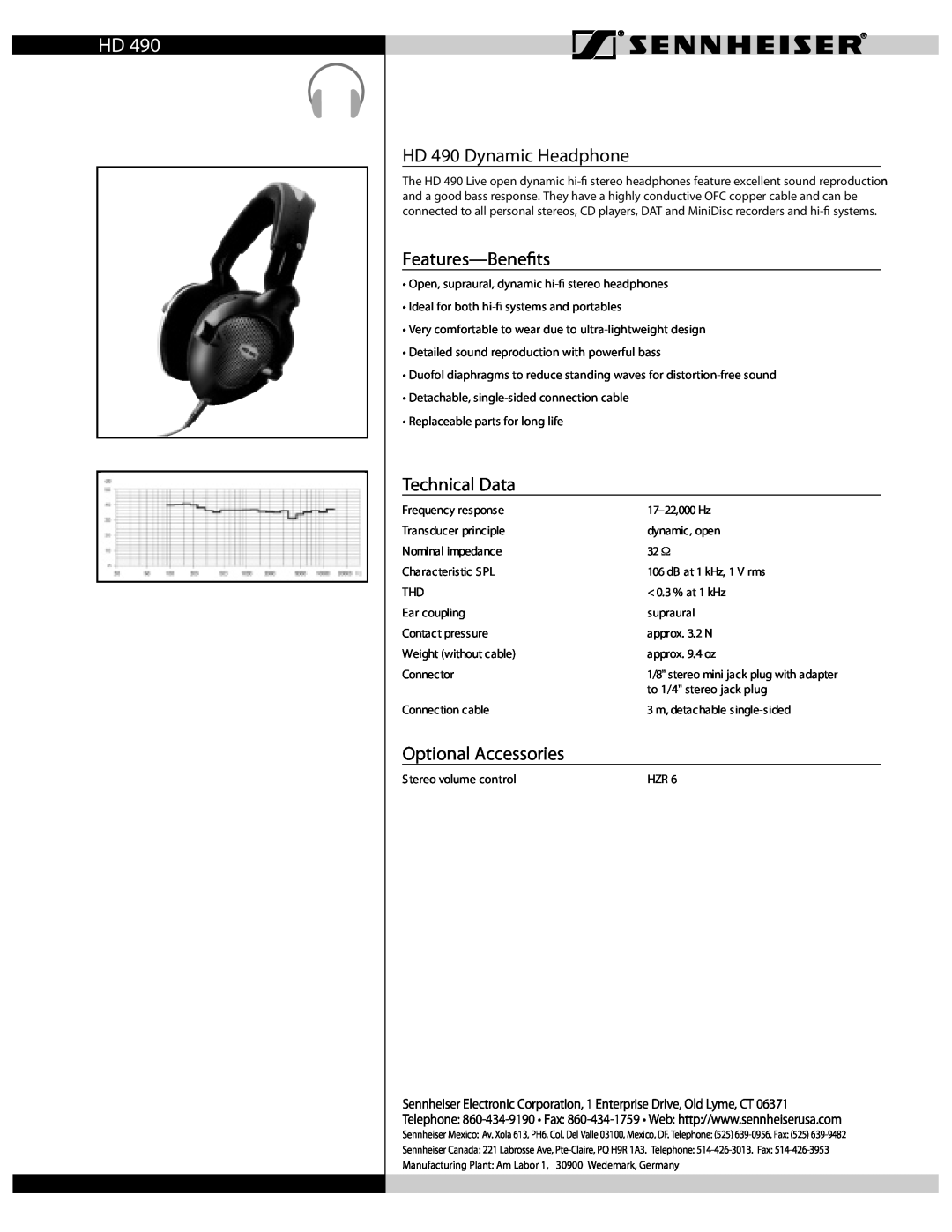 Sennheiser manual HD 490 Dynamic Headphone, Features-Benets, Technical Data, Optional Accessories 