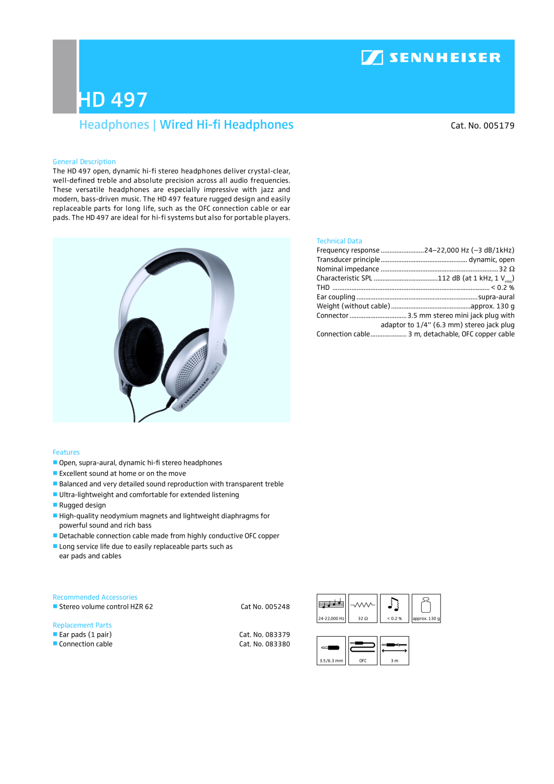 Sennheiser HD 497 manual Headphones Wired Hi-ﬁHeadphones, Cat. No, General Description, Features, Technical Data 