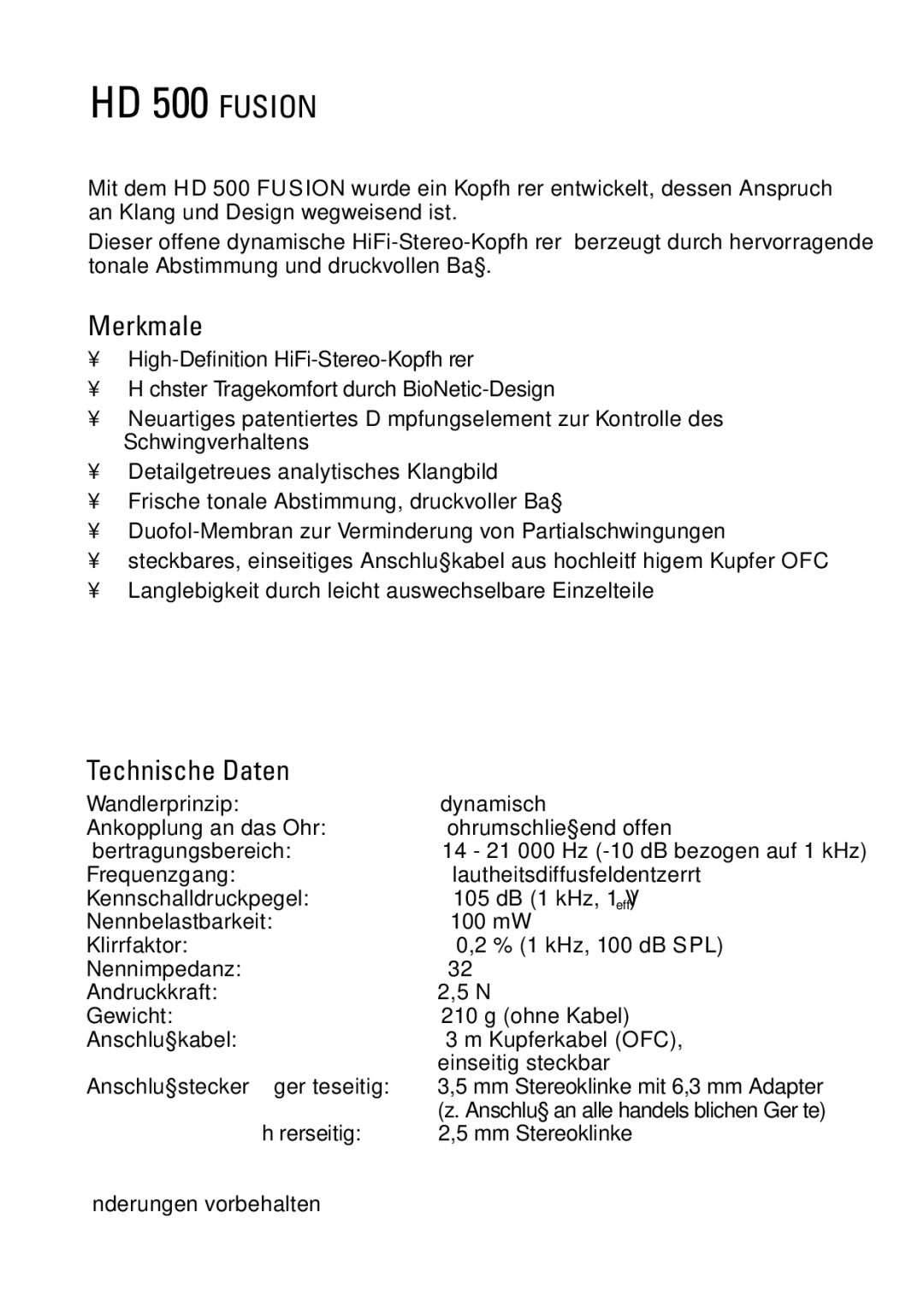 Sennheiser HD 500 manual Merkmale, Technische Daten 