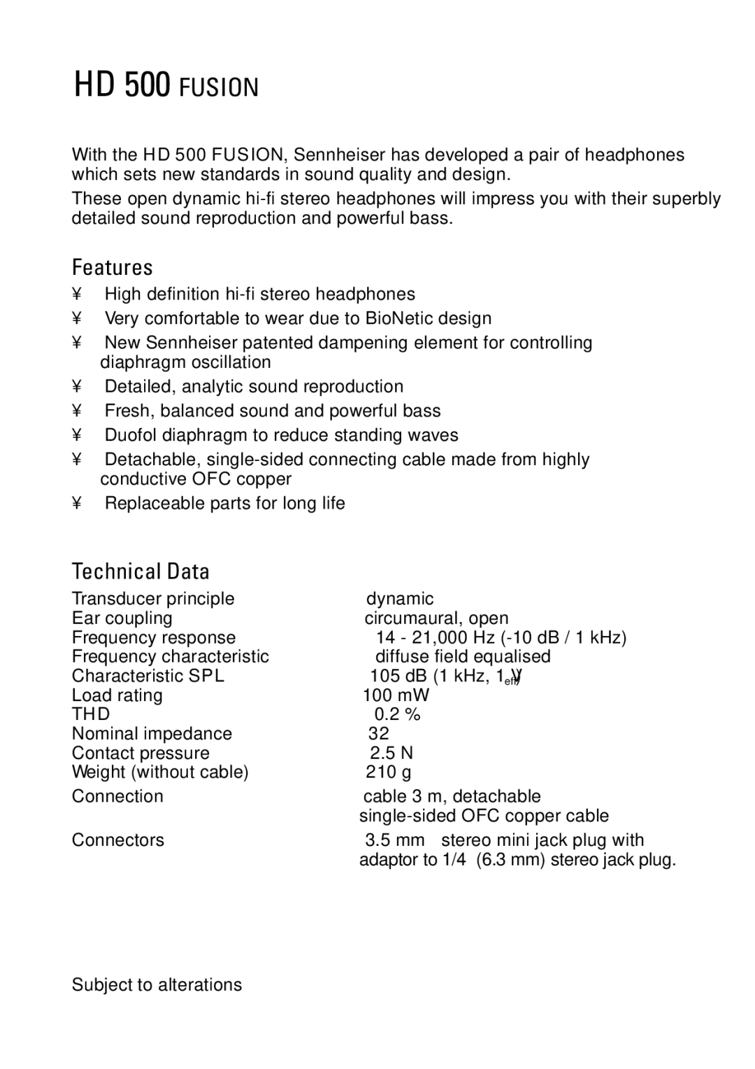 Sennheiser HD 500 manual Features, Technical Data 