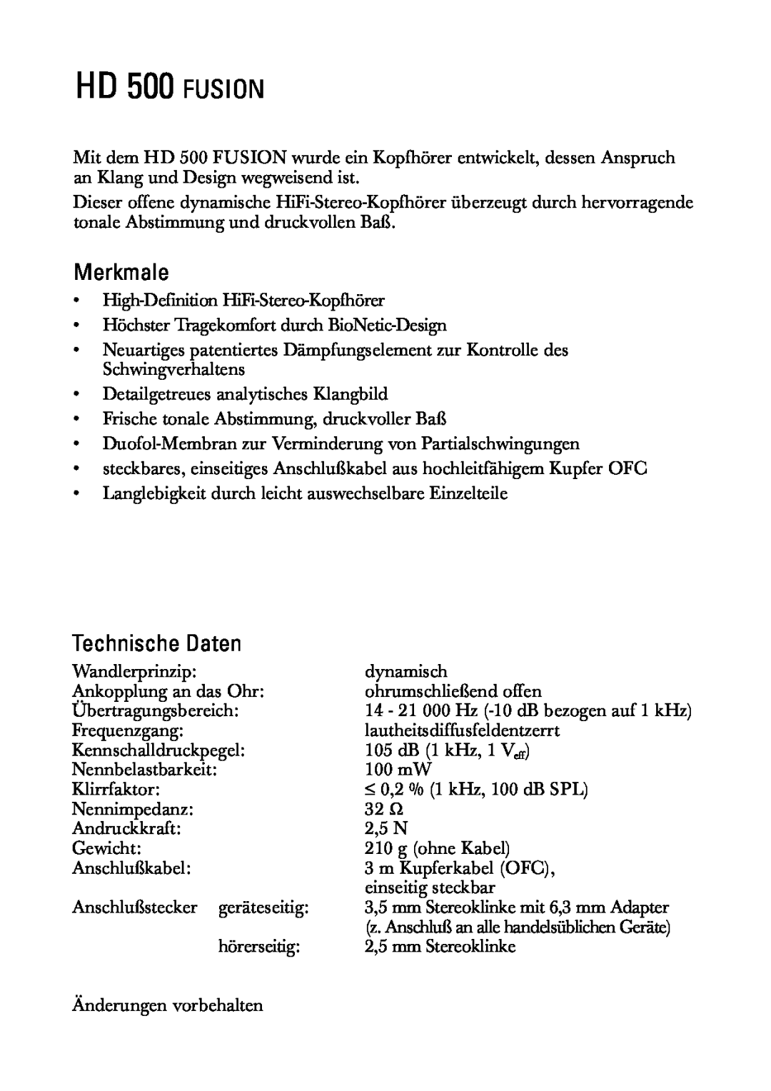 Sennheiser manual HD 500 FUSION, Merkmale, Technische Daten 