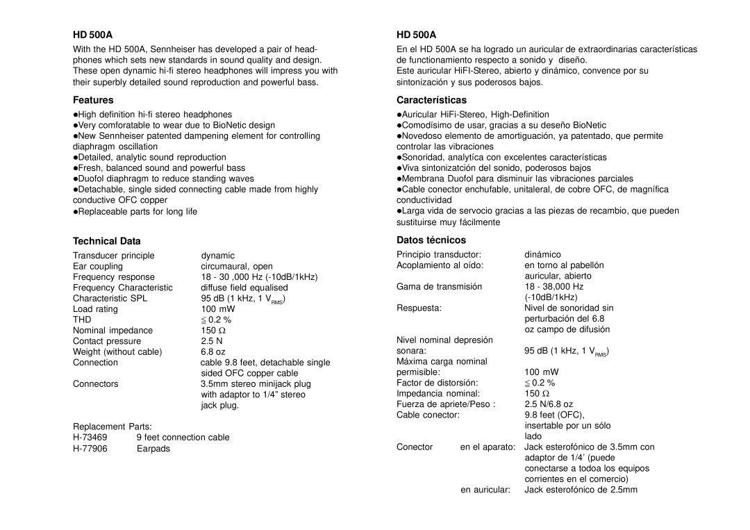 Sennheiser HD 500A manual Features, Technical Data, Características, Datos técnicos 