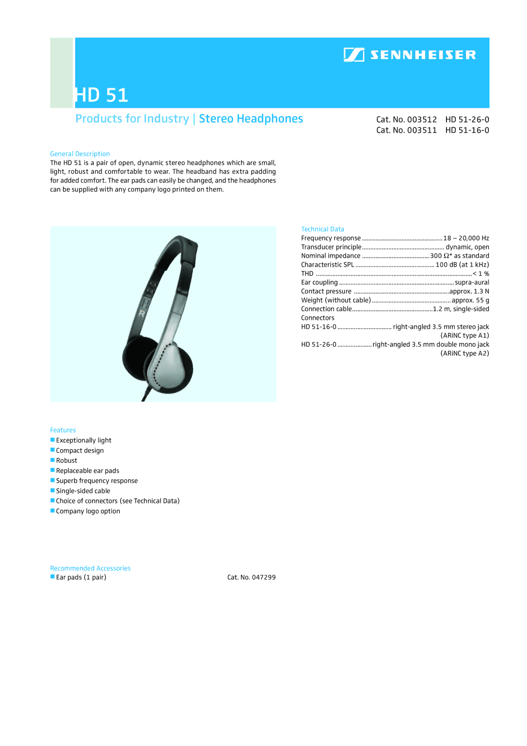 Sennheiser HD 51 manual Products for Industry Stereo Headphones, Cat. No 