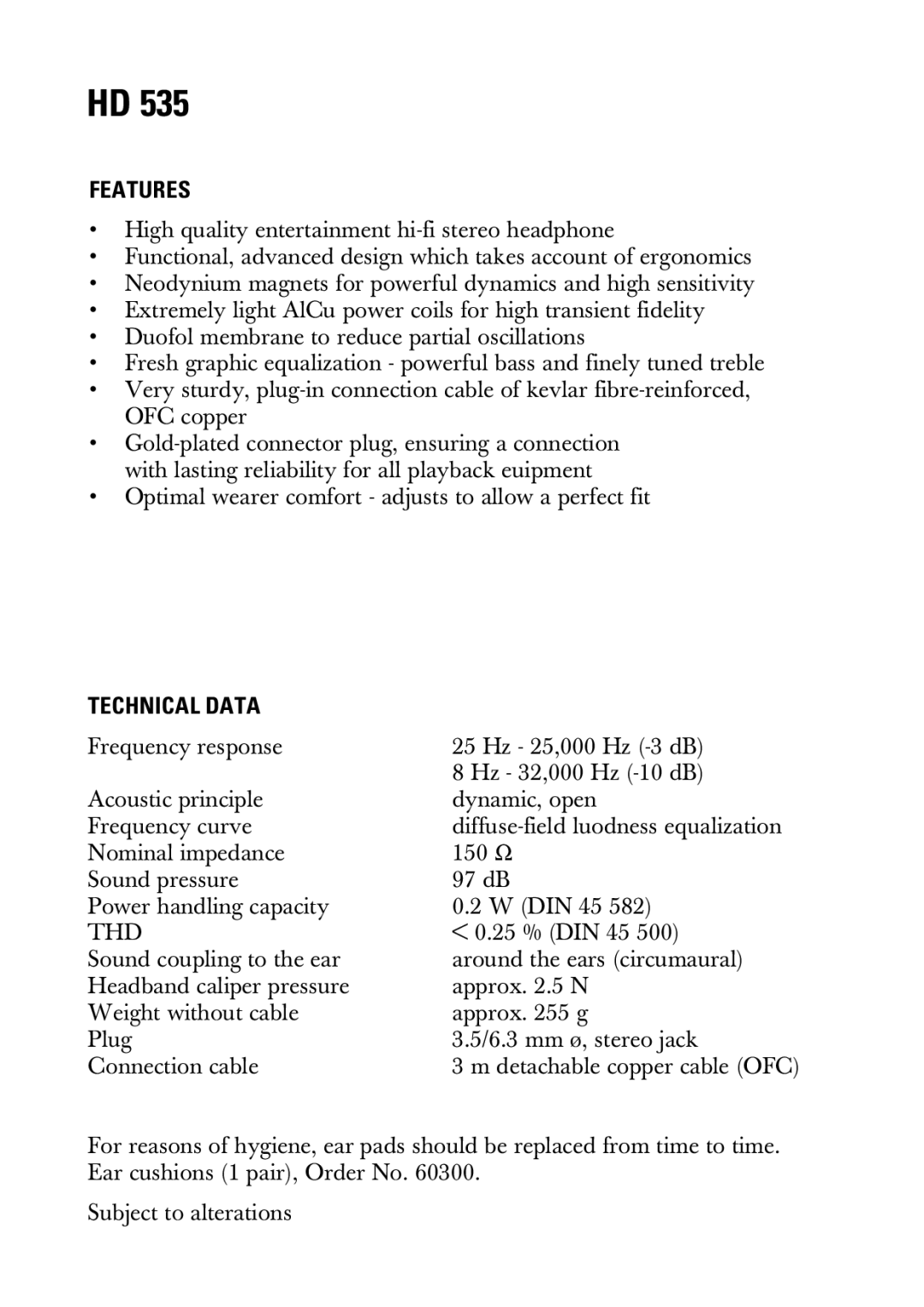 Sennheiser HD 535 manual Features, Technical Data 