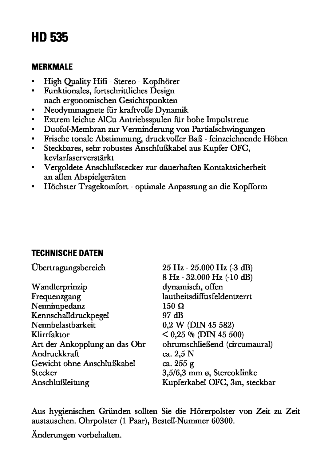 Sennheiser HD 535 manual Merkmale, Technische Daten 