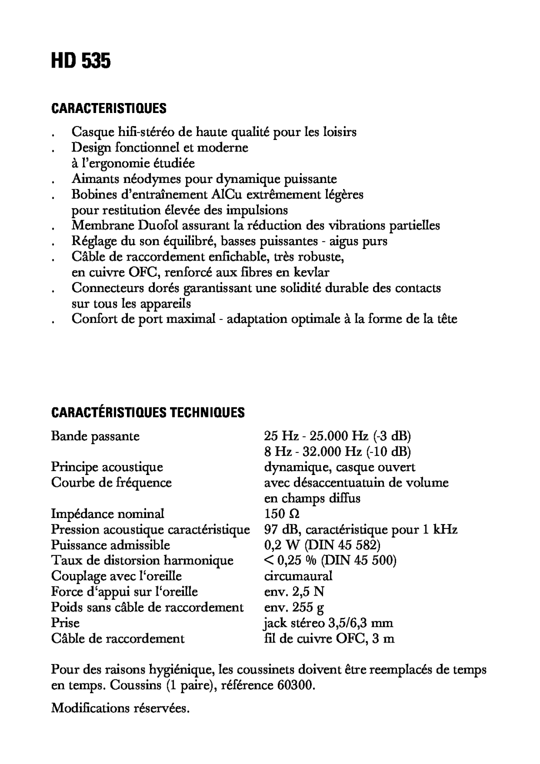 Sennheiser HD 535 manual Caracteristiques 