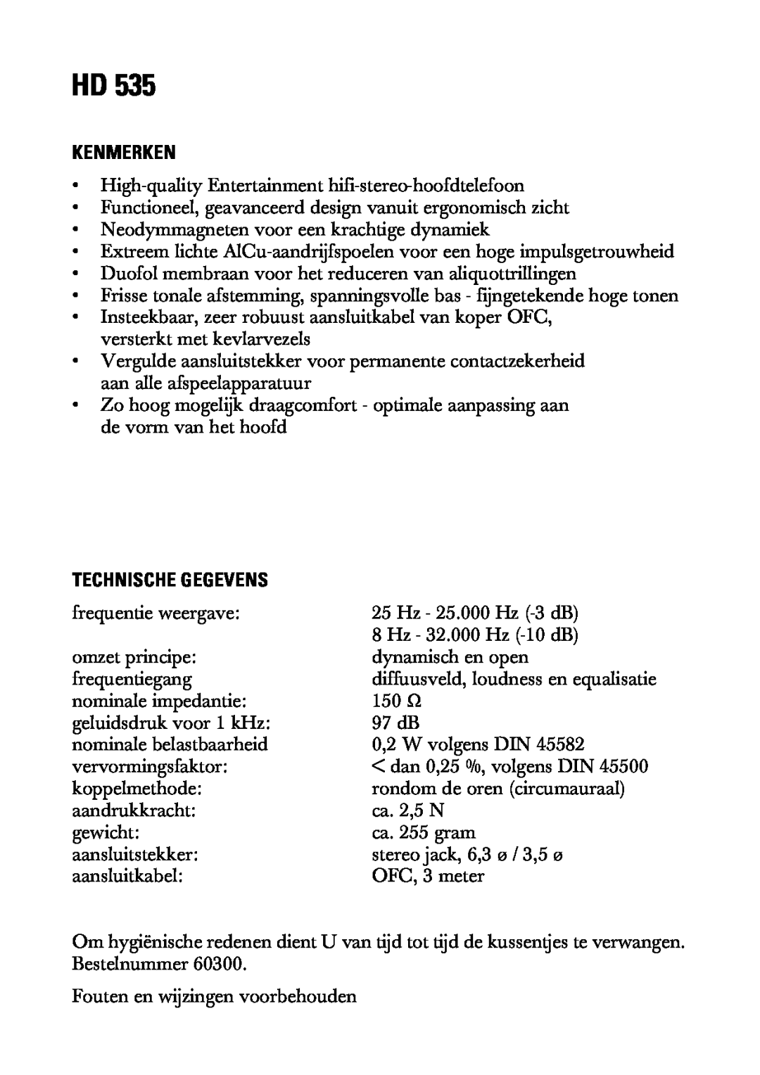 Sennheiser HD 535 manual Kenmerken, Technische Gegevens 