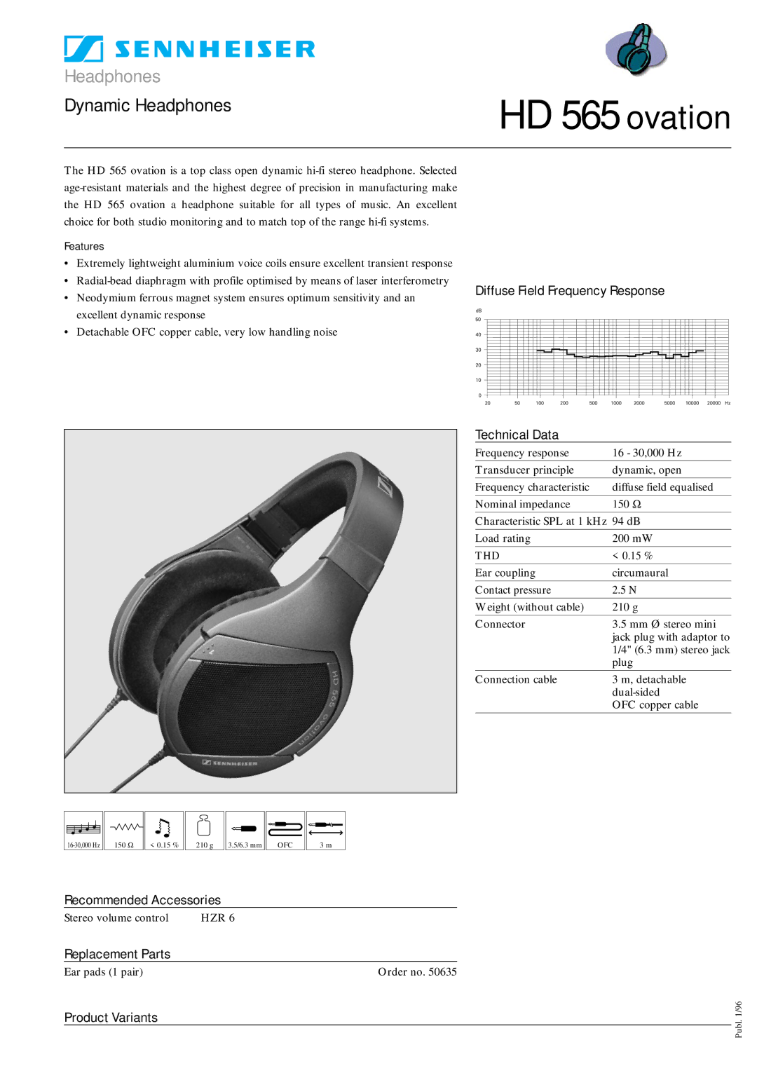 Sennheiser manual HD 565 ovation, Recommended Accessories, Replacement Parts, Product Variants 