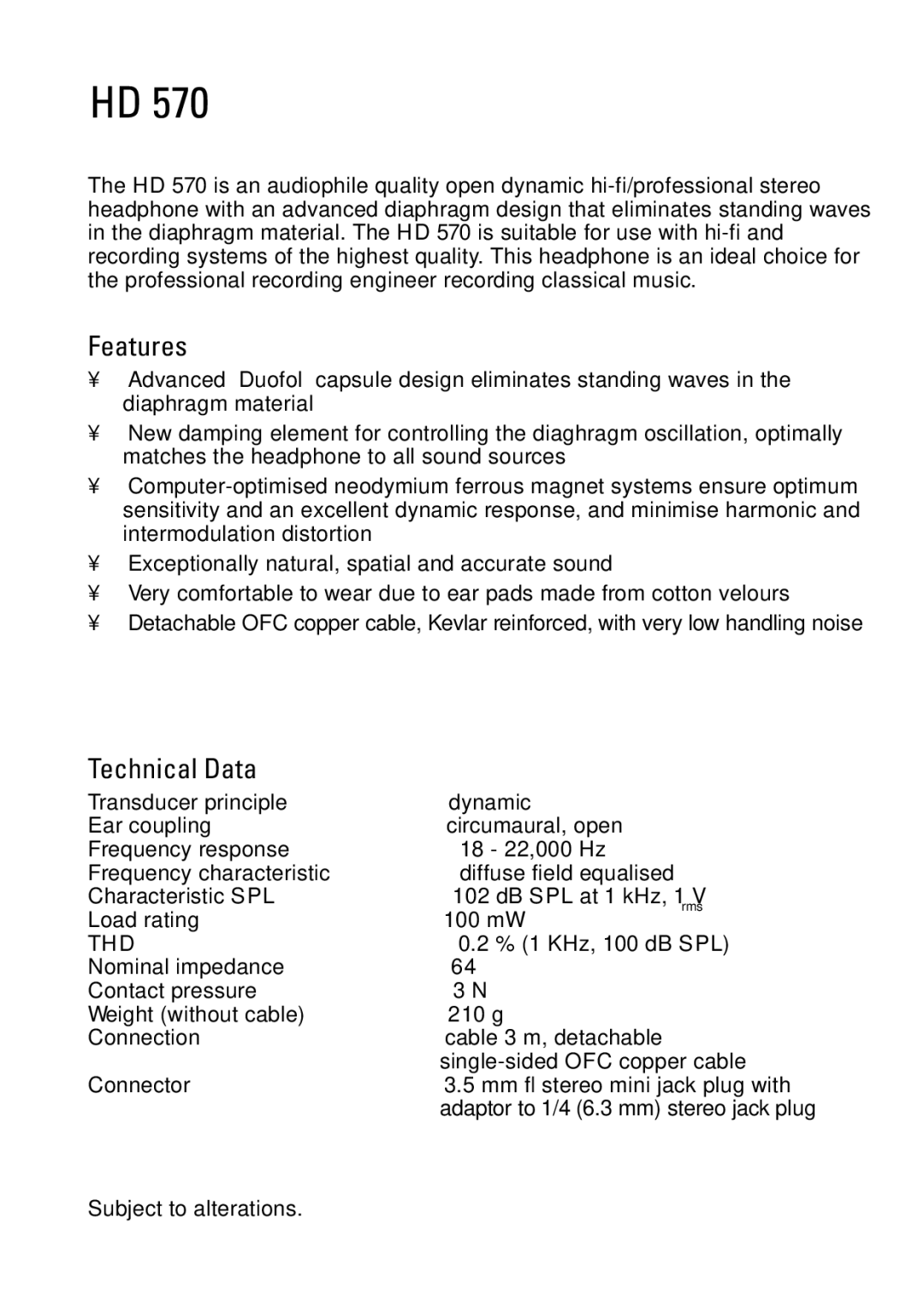 Sennheiser HD 570 manual Features, Technical Data 