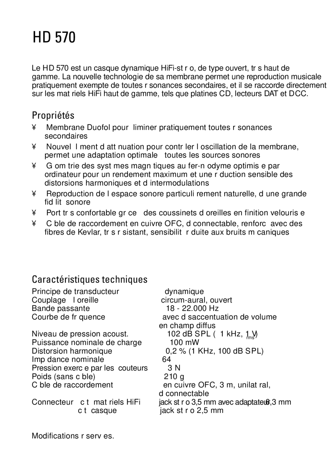 Sennheiser HD 570 manual Propriétés, Caractéristiques techniques 