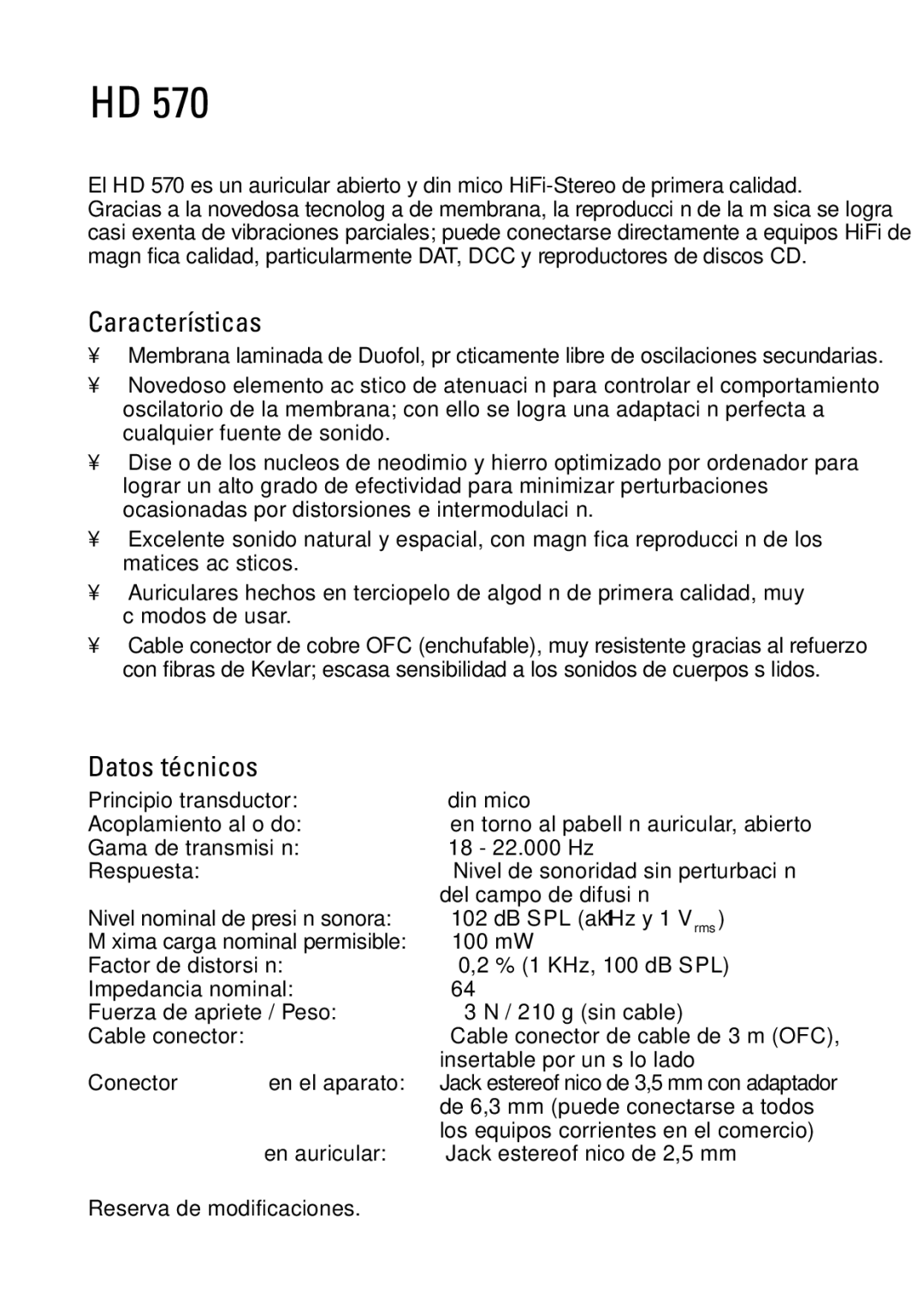 Sennheiser HD 570 manual Características, Datos técnicos 