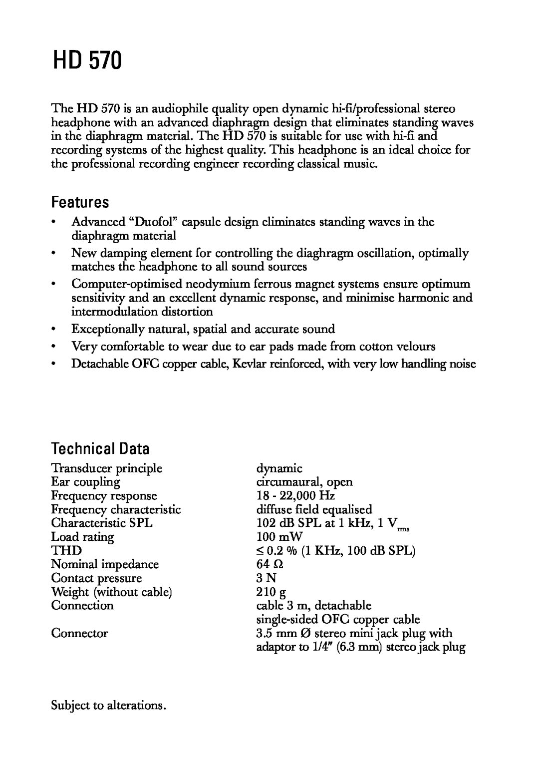 Sennheiser HD 570 manual Features, Technical Data 
