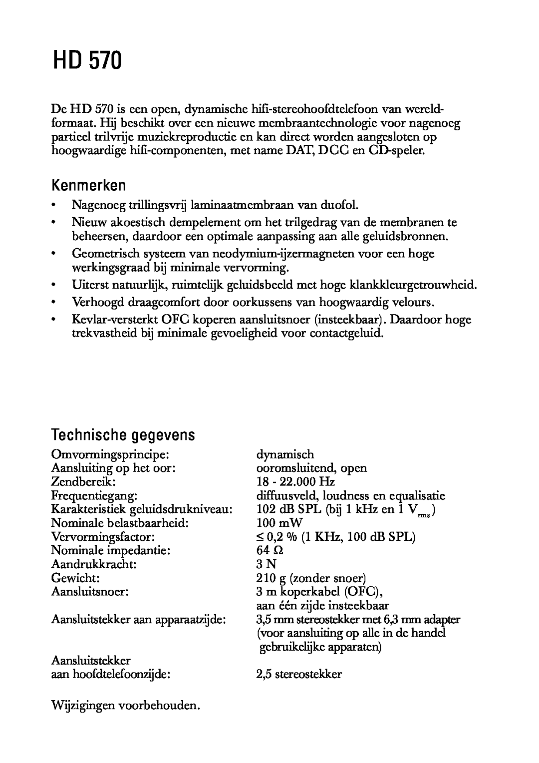 Sennheiser HD 570 manual Kenmerken, Technische gegevens 