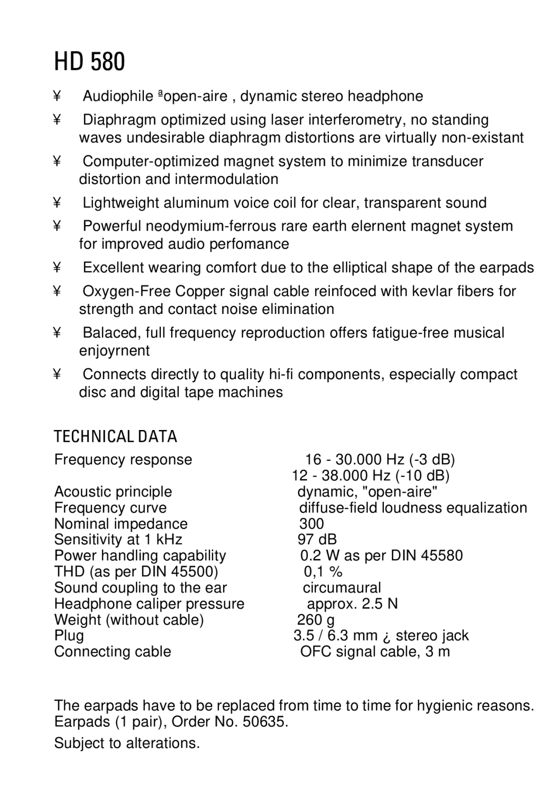 Sennheiser HD 580 manual Technical Data, Audiophile „open-aire, dynamic stereo headphone 