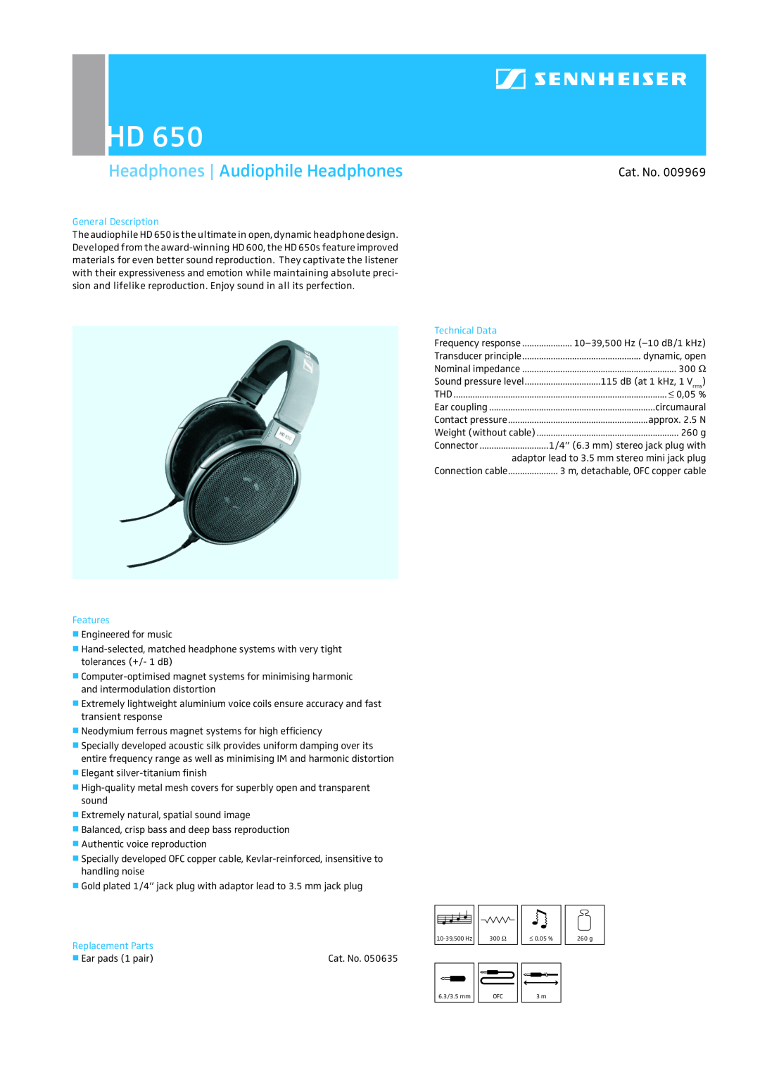 Sennheiser HD 650 manual Headphones Audiophile Headphones, Cat. No, General Description, Features, Technical Data 