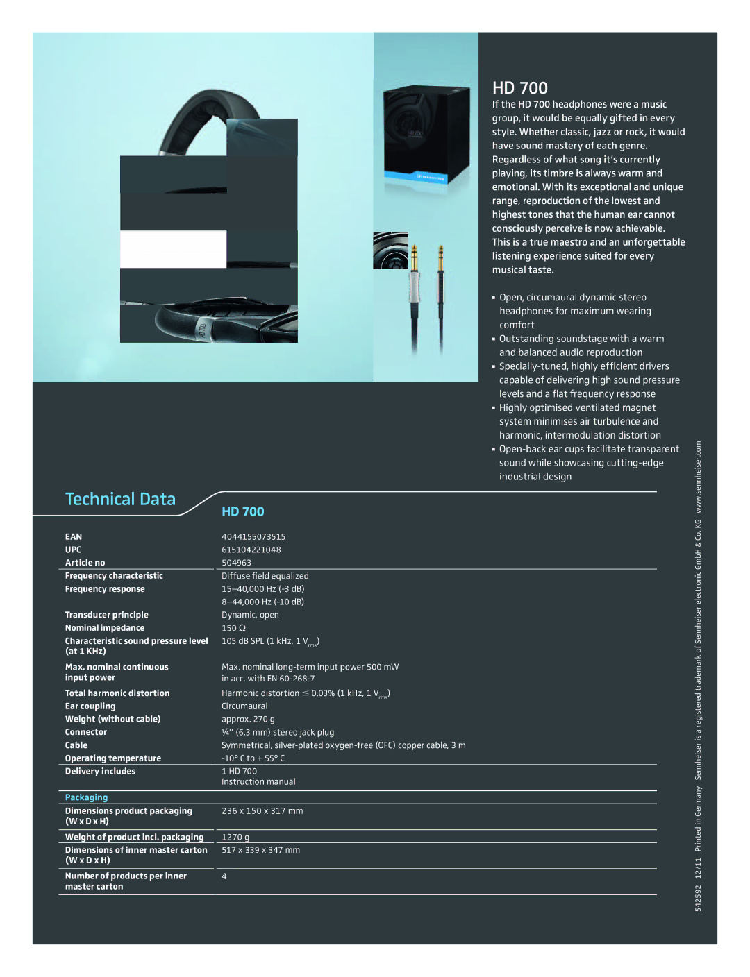 Sennheiser HD 700 manual Technical Data, Ean, Upc 