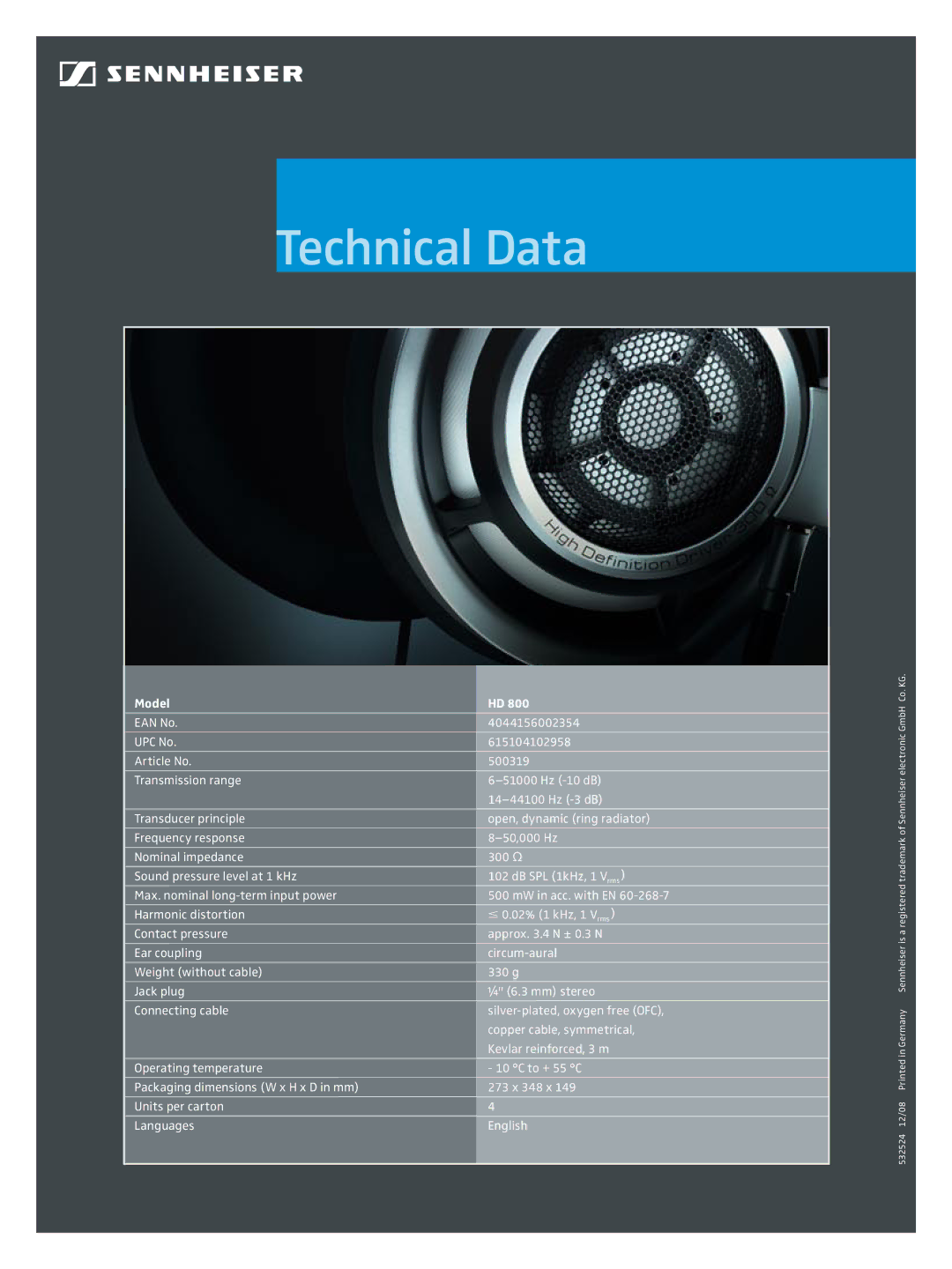 Sennheiser HD 800 manual Technical Data 