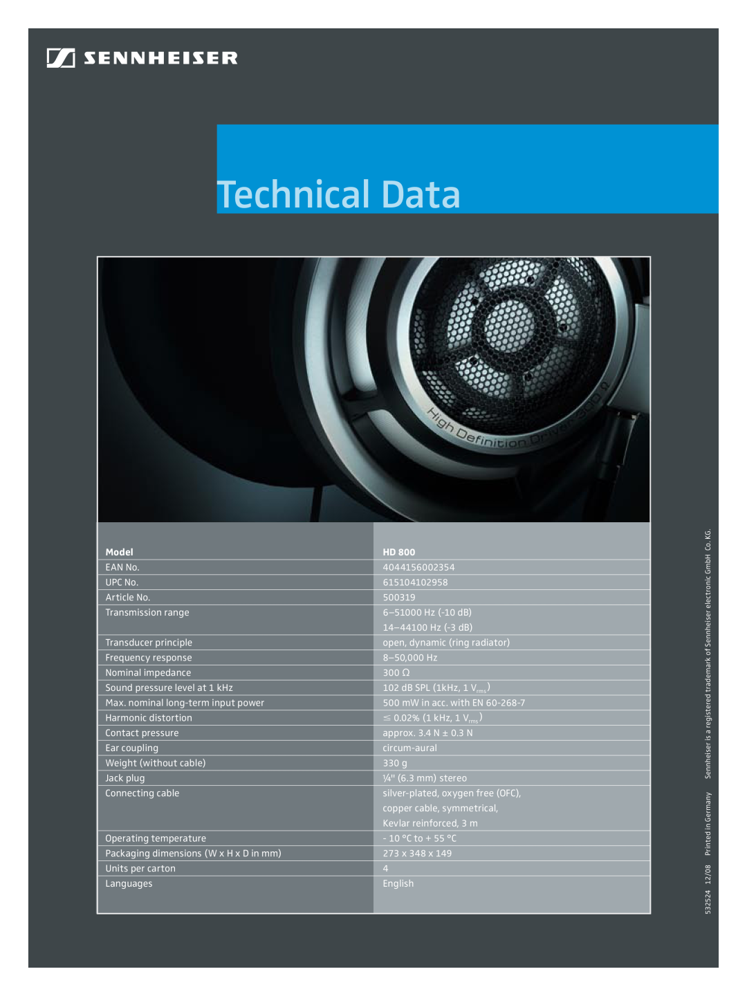 Sennheiser HD 800 manual Technical Data, Model 