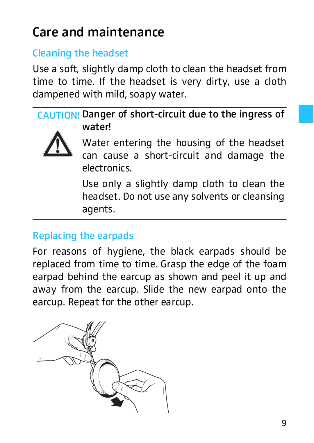 Sennheiser HD HME 46 manual Care and maintenance, Cleaning the headset, Replacing the earpads 