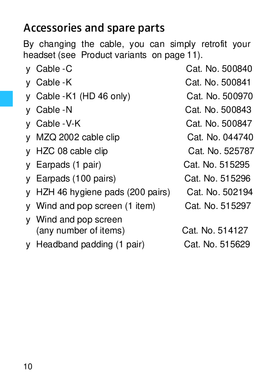 Sennheiser HD HME 46 manual Accessories and spare parts 