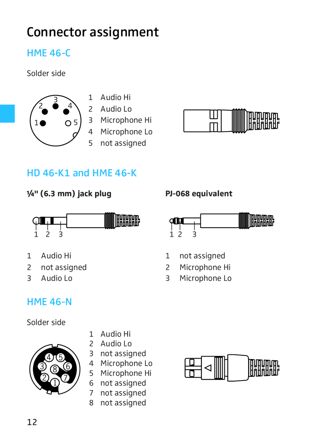 Sennheiser HD HME 46 manual Connector assignment, HME 46-C, HD 46-K1 and HME 46-K, HME 46-N 