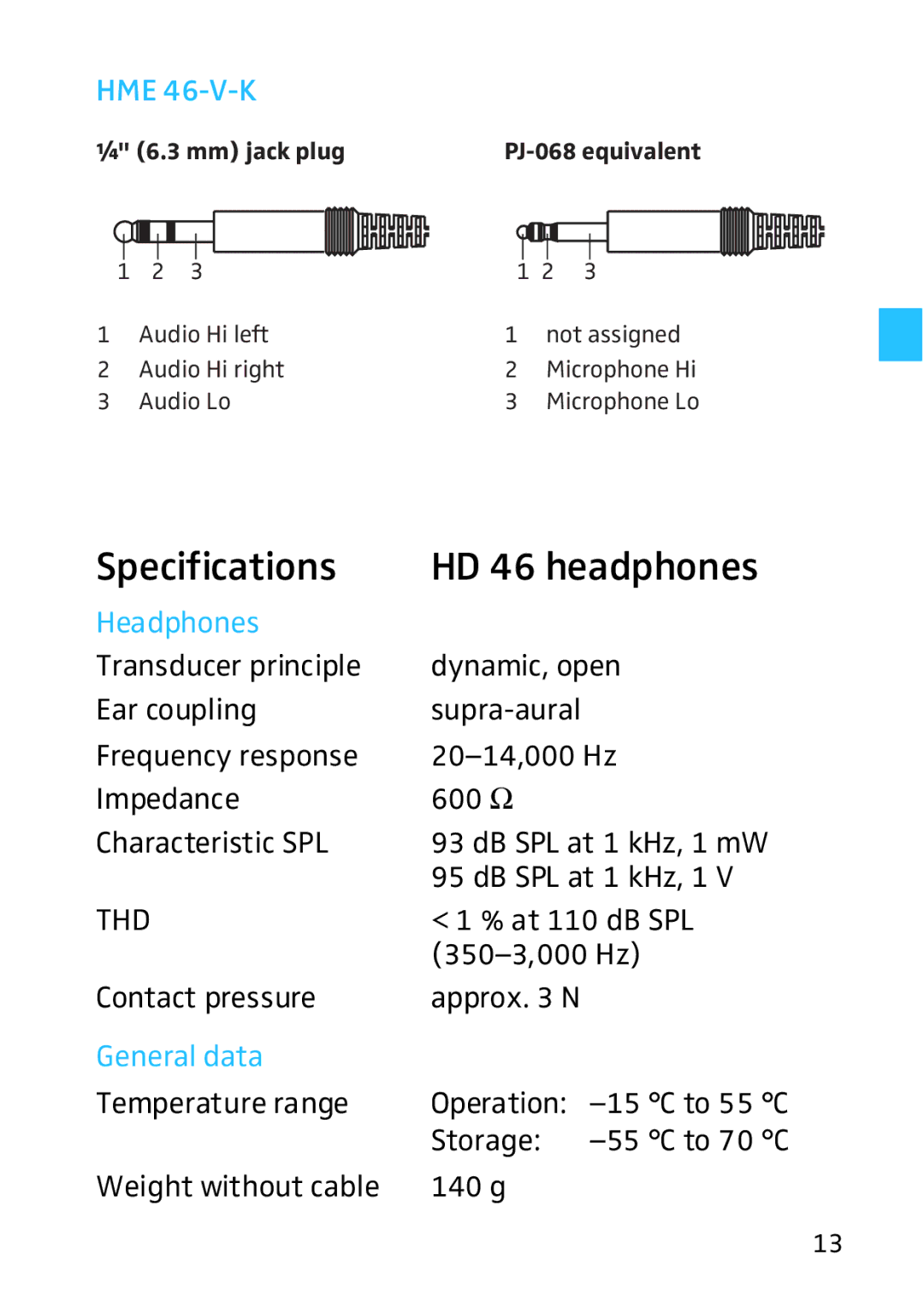 Sennheiser HD HME 46 manual Specifications HD 46 headphones, HME 46-V-K, Headphones, General data 