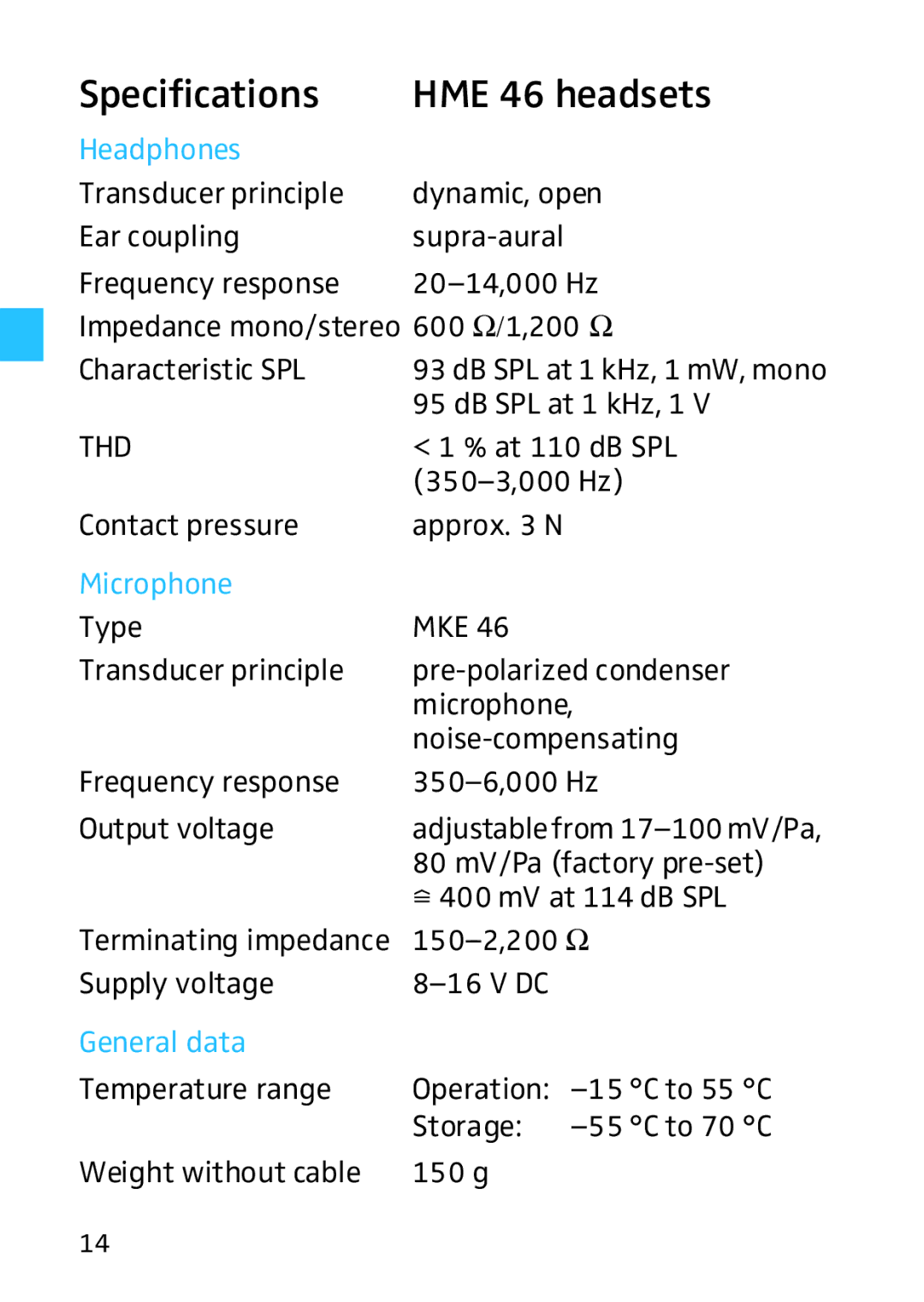 Sennheiser HD HME 46 manual Specifications HME 46 headsets, Microphone 