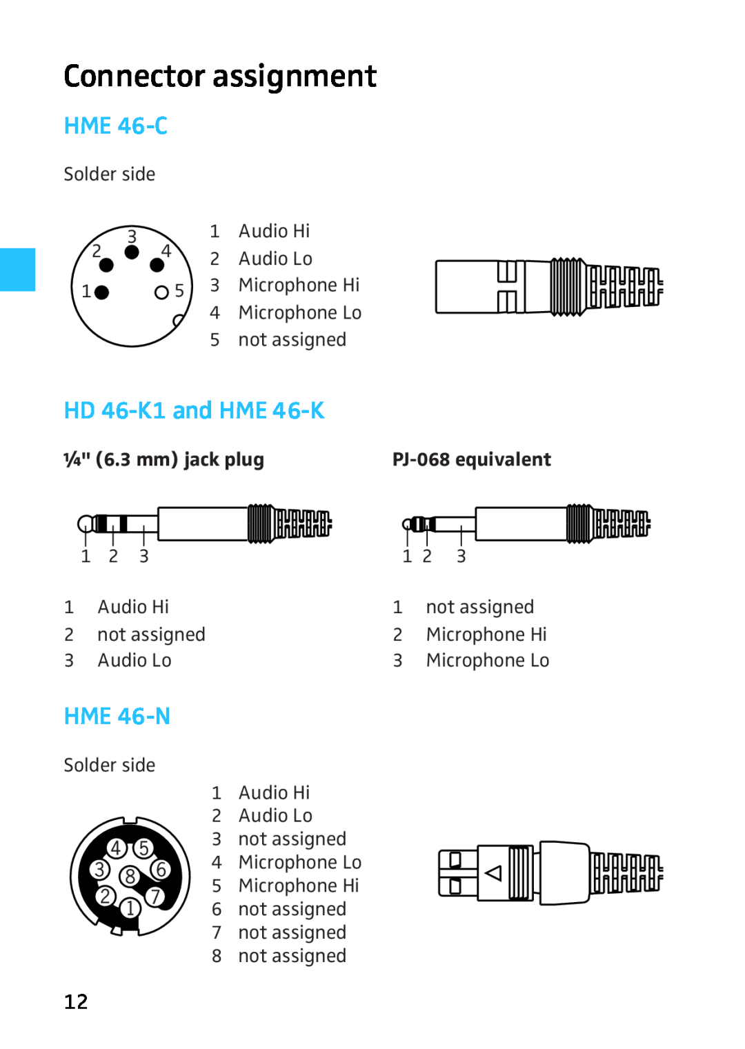 Sennheiser HD HME 46 manual Connector assignment, HME 46-C, HD 46-K1and HME 46-K, HME 46-N, ¼ 6.3 mm jack plug 