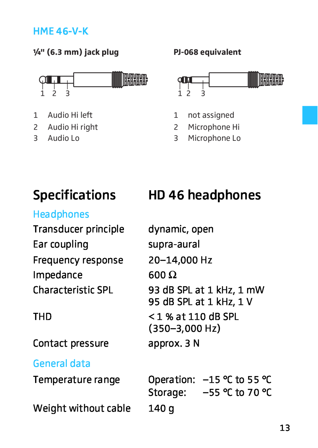 Sennheiser HD HME 46 manual Specifications, HD 46 headphones 