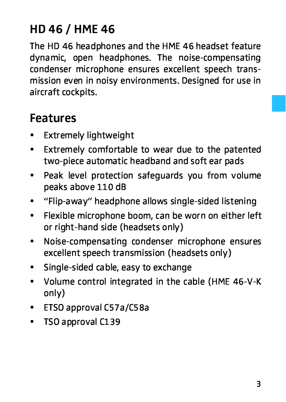 Sennheiser HD HME 46 manual HD 46 / HME, Features 