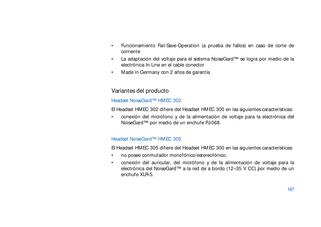 Sennheiser HD400 manual Variantes del producto, 187 