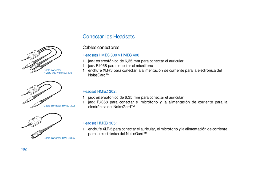 Sennheiser HD400 manual Conectar los Headsets, Cables conectores, Headsets Hmec 300 y Hmec, 192 